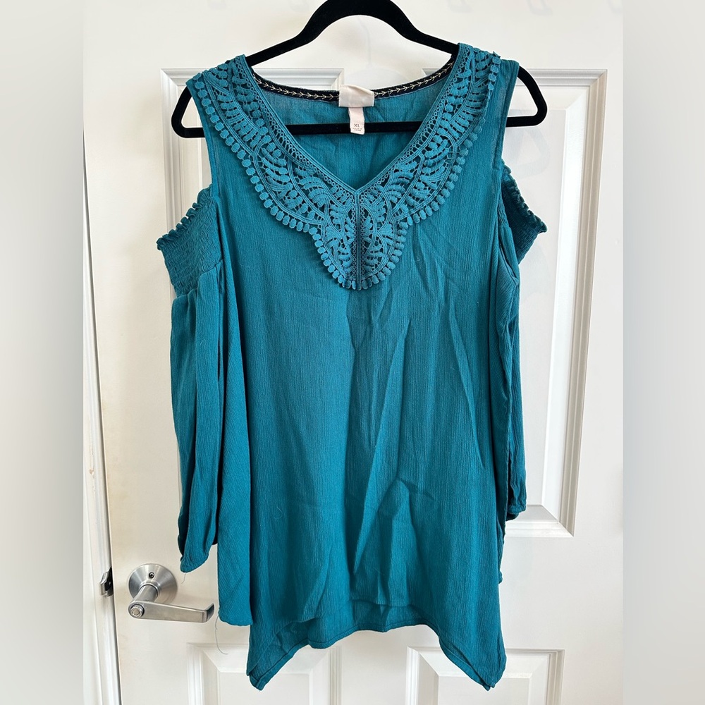 Knox Rose Teal Cold Shoulder Blouse (XL)